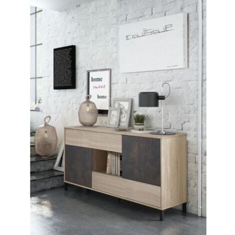 Credenza Parnasso, Buffet da soggiorno, Madia moderna da salotto a 3 ante,  133x39h73 cm, Rovere Nodi e Antracite, con imballo rinforzato