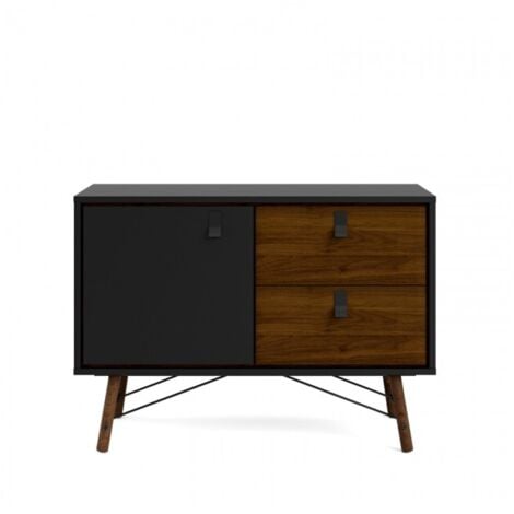 Madia soggiorno nero opaco e noce con due ante e due cassetti 101 x 40 cm - Longarone