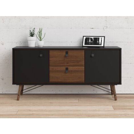 Madia soggiorno nero opaco e noce con due ante e due cassetti 150 x 40 cm - Longarone