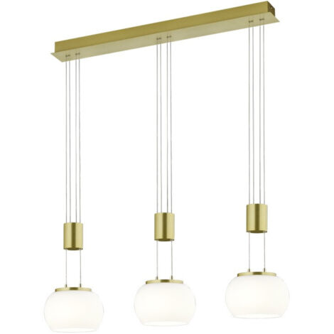 MADISON SOSPENSIONE LED 24W 2700lm, 3000K BARRA METALLO OTTONE E 3 VETRI SFERA BIANCHI CON REGOLAZIONE ALTEZZA CON CONTRAPPESO E DIMMERAZIONE INTENSITA' CON NORMALE INTERRUTTORE A PARETE L. 82CM