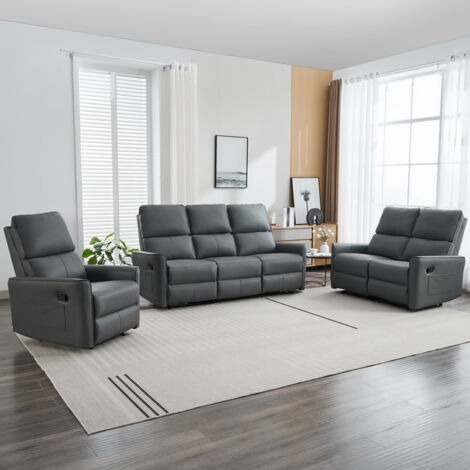 MADRID 1+2+3 SEATER MANUAL RECLINER AIR LEATHER SOFA SET GREY