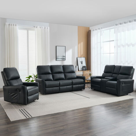 MADRID 1+2+3 SEATER w CONSOLE MANUAL RECLINER AIR LEATHER SOFA SET BLACK