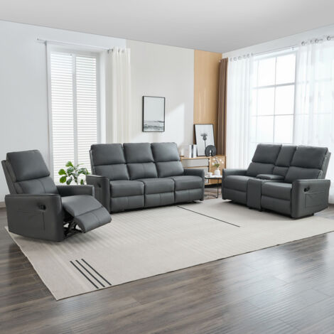 MADRID 1+2+3 SEATER w CONSOLE MANUAL RECLINER AIR LEATHER SOFA SET GREY