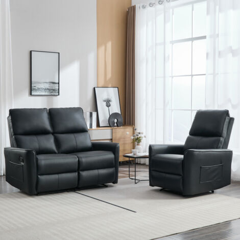 MADRID 1+2 SEATER MANUAL RECLINER AIR LEATHER SOFA SET BLACK