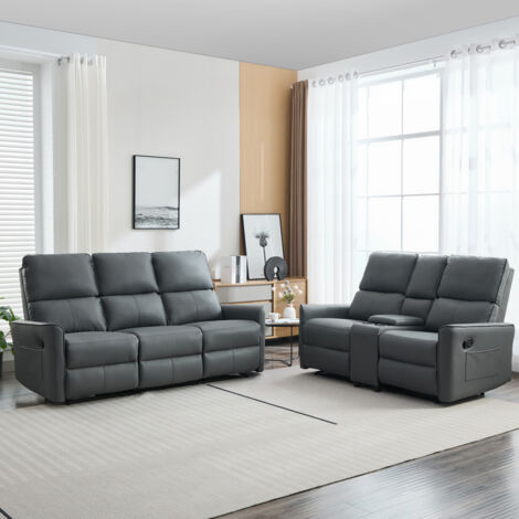 MADRID 2+3 SEATER w CONSOLE MANUAL RECLINER AIR LEATHER SOFA SET GREY