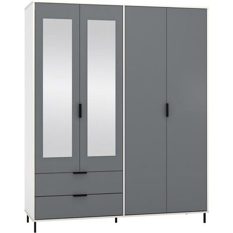 Madrid 4 Door 2 Drawer Mirrored Wardrobe - L52 x W160 x H196 cm - Grey/White Gloss