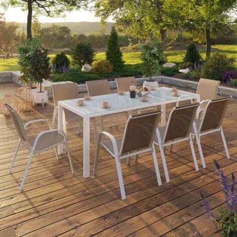 MADRID conjunto de muebles de jardín 190cm mesa y 8 sillas apilables blanco y beige