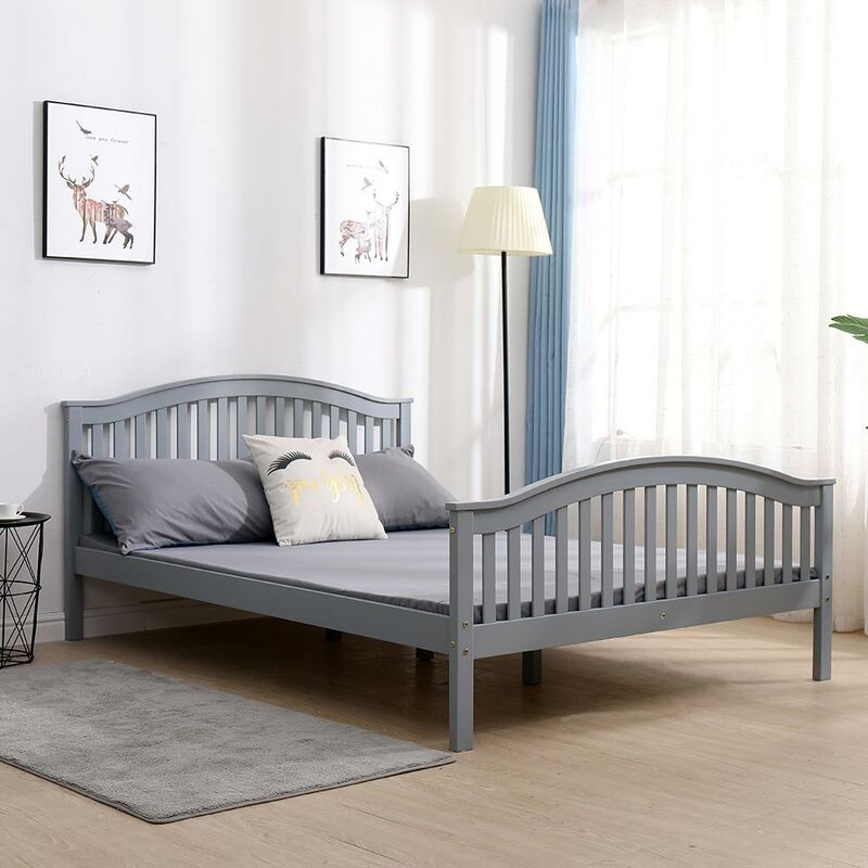 Double Grey Wooden Bed 4ft 6 Solid Pine High End Slatted Base - Grey - Madrid