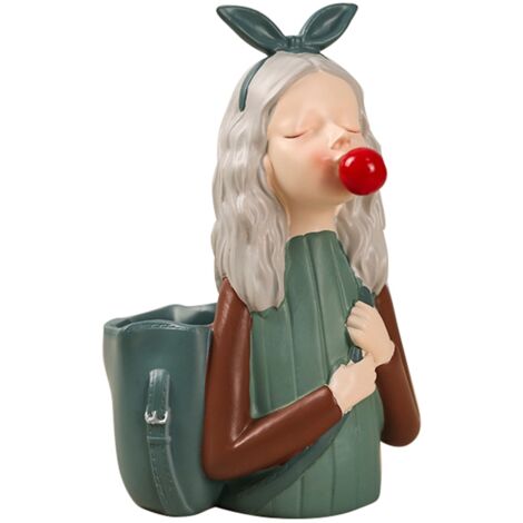 Mädchen-Stiftehalter aus Kunstharz mit Blasenmuster, niedliche Schreibtischdekoration, handgefertigtes Ornament, Grün