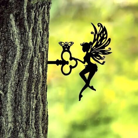 Märchenhafte Gartensilhouetten, Gartenschlüssel-Dekoration aus schwarzem Eisen, dekorative Metallarbeiten für den Innen- und Außenbereich, für Haus, Garten, Terrasse, Rasen