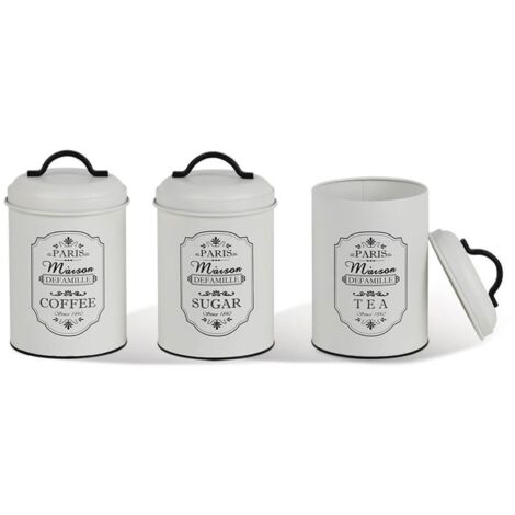 Maestro MR-1771-3CS Paris - Juego de 3 recipientes de almacenamiento de metal para azúcar y café, té, 3 x 11,3 x 18,5 cm, color blanco y negro