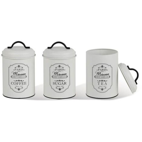 Maestro MR-1771-3CS Paris - Juego de 3 recipientes de almacenamiento de metal para azúcar y café, té, 3 x 11,3 x 18,5 cm, color blanco y negro