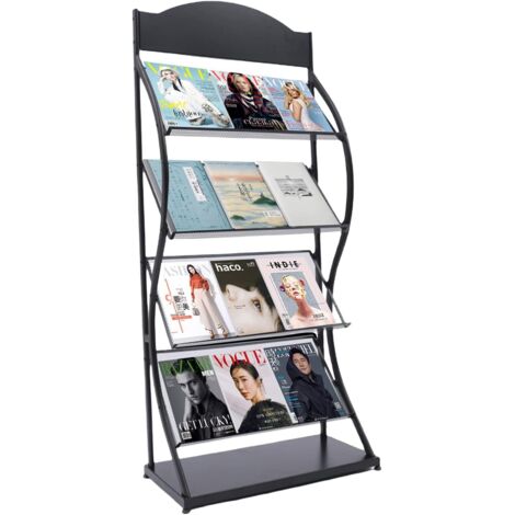 Magazine Rack 4 Pockets, Floor Standing Magazine Brochure Holder, A4 Brochure Display Stand Book Literature Floor Display Stand Literature Rack for Trade Show, Exhibitions (Black)