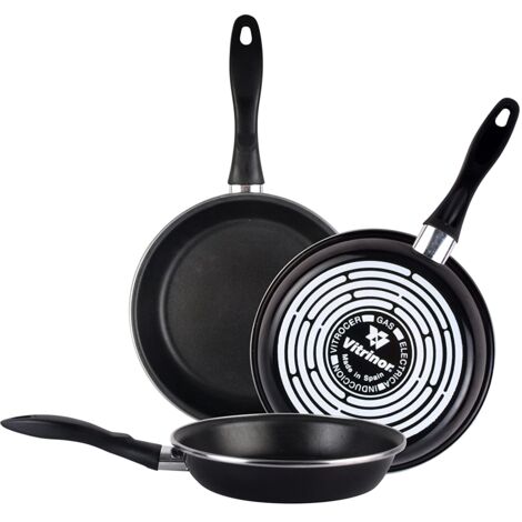 MAGEFESA Black Set di 3 padelle (24/26/28) cm, esterno nero. Antiaderente doppio strato rinforzato, adatto a tutti i tipi di fornelli, speciale induzione. 50% di risparmio energetico