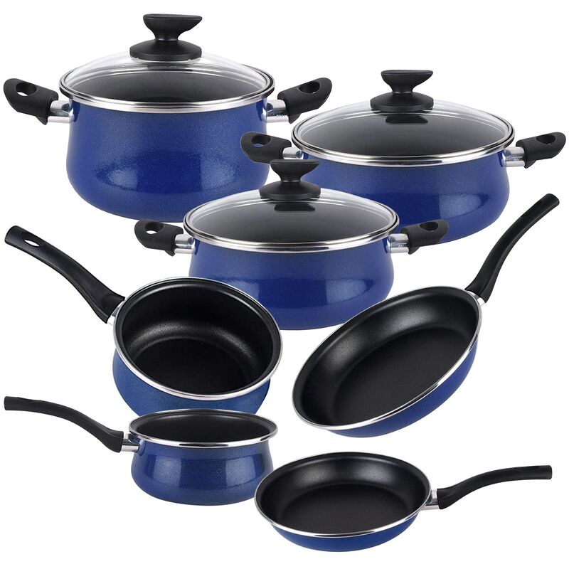 

colección Paula - Batería de Cocina 10 piezas. Material acero vitrificado exterior azul. Antiadherente bicapa, aptas para todo tipo de cocinas,