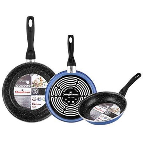 MAGEFESA K2 Blu - Set di 3 padelle (20/24/28) cm, esterno colore blu Antiaderente con bordo rinforzato effetto pietra, adatta a tutti i piani cottura, speciale induzione, 50% di risparmio energetico.