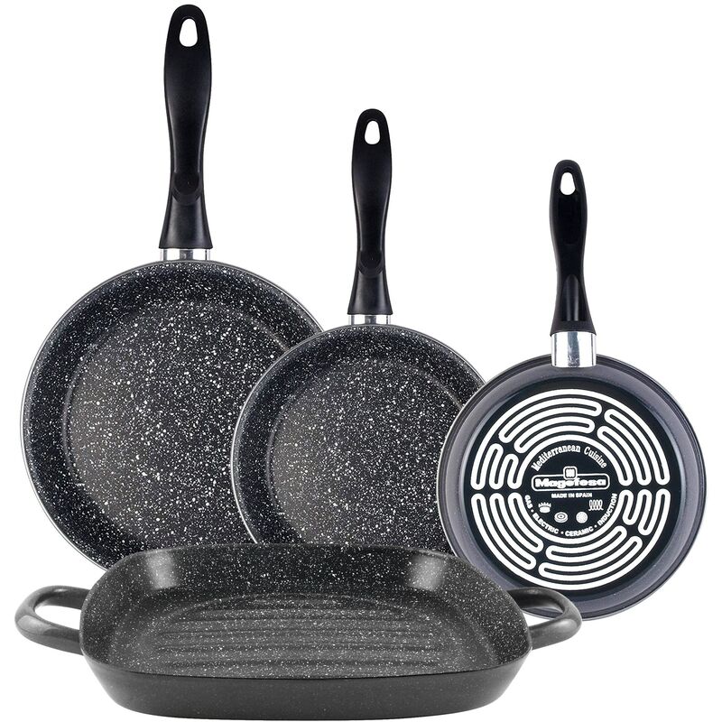 

Magefesa K2 Gransasso Set Juego 3 Sartenes 18-20-24 cm acompañado de asador cuadrado 28 con 2 asas, en acero esmaltado vitrificado, en gris,