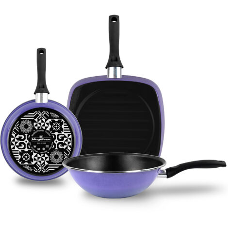 Magefesa Very Peri Set Sarten 24 cm Wok y Grill Inducción 28 cm, Antiadherente Libre PFOA, Mango Ergonómico  Morado