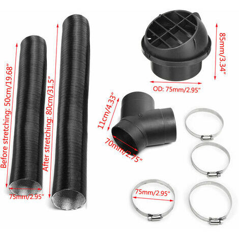 MAGIC Conduit de chauffage de 75 mm + sortie d'air chaud + branche en Y + clip de tuyau pour Webasto Eberspacher (noir A)