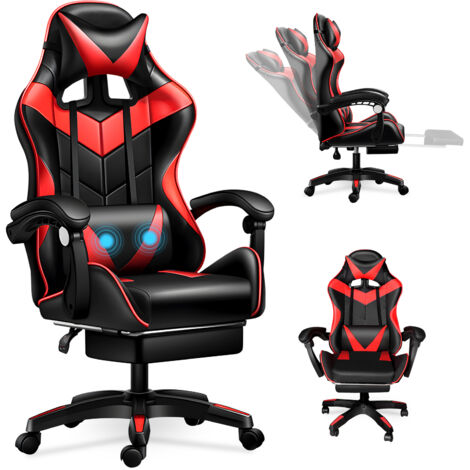 Magicfox – Chaise gaming ergonomique cuir PU – Dossier inclinable 90° à 135° – Coussin lombaire de massage USB – Charge max 150 kg – Rouge