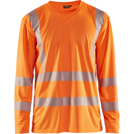 Maglietta da lavoro a maniche lunghe con scollo a V alta visibilità anti-UV 3385 - Arancione fluorescente M