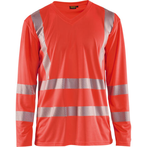 Maglietta da lavoro a maniche lunghe con scollo a V alta visibilità anti-UV 3385 - Rosso fluorescente 4XL