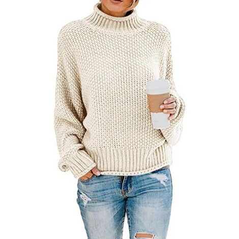 Maglione donna elegante inverno dolcevita maglione lavorato a maglia maglione grosso maglione lavorato a maglia maglione casual manica lunga sciolto-M bianco