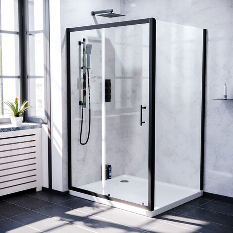 Magna 1100mm Shower Sliding Door & 700mm Frameless Glass Side Panel Screen Matte Black