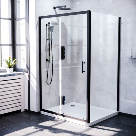 Magna 1100mm Shower Sliding Door & 760mm Frameless Glass Side Panel Screen Matte Black