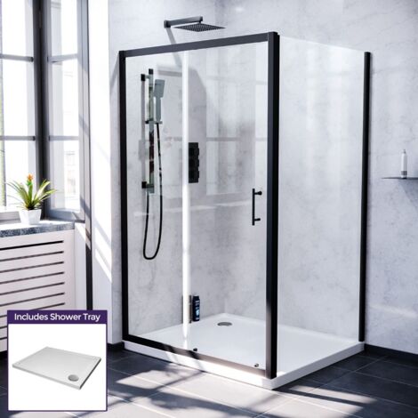 Magna 1200mm Shower Sliding Door, 700mm Frameless Glass Side Panel Screen & Tray Matte Black