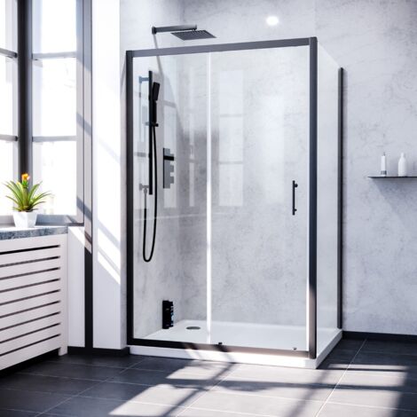 Magna 1200mm Shower Sliding Door, 760mm Frameless Glass Side Panel Screen & Tray Matte Black