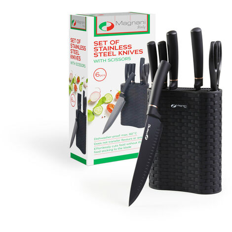 MAGNANI 6 teiliges Messerset mit Block aus Edelstahl, Schwarzes Küchenmesserset mit Messerblock & Schere im Set, Spülmaschinenfeste Messer für die Küche