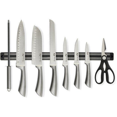 MAGNANI 8 teiliges Messerset aus Edelstahl, Schwarzes Küchenmesserset mit Magnetleiste & Tragtasche für die Küche, Spülmaschinenfeste Messer & Schere im Set