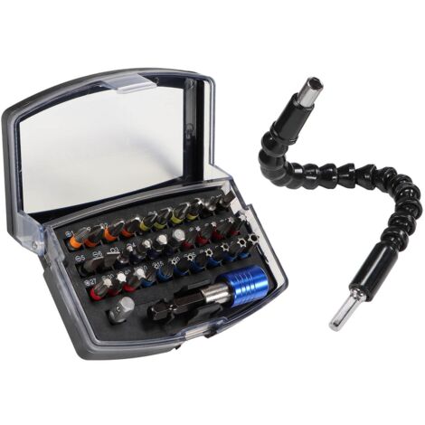Magnet Bithalter flexible Welle mit 32 tlg. Bitsatz S2 Stahl Box mit Gürtelclip
