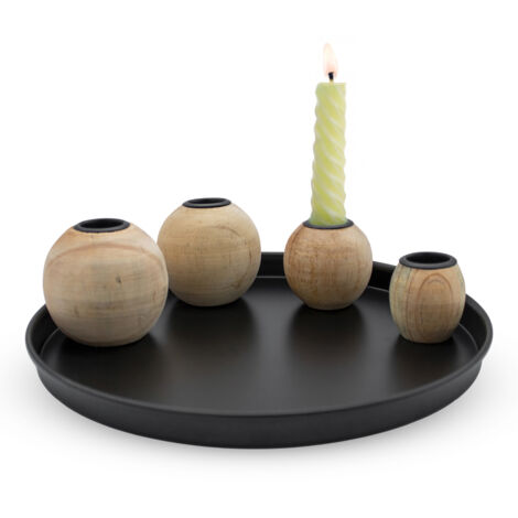 Magnet Kerzentablett rund schwarz mit 4 Holz Halter für Stabkerzen - 23 cm - Metall Kerzenständer mit 4 magnetischen Holzkugel Kerzenhalter