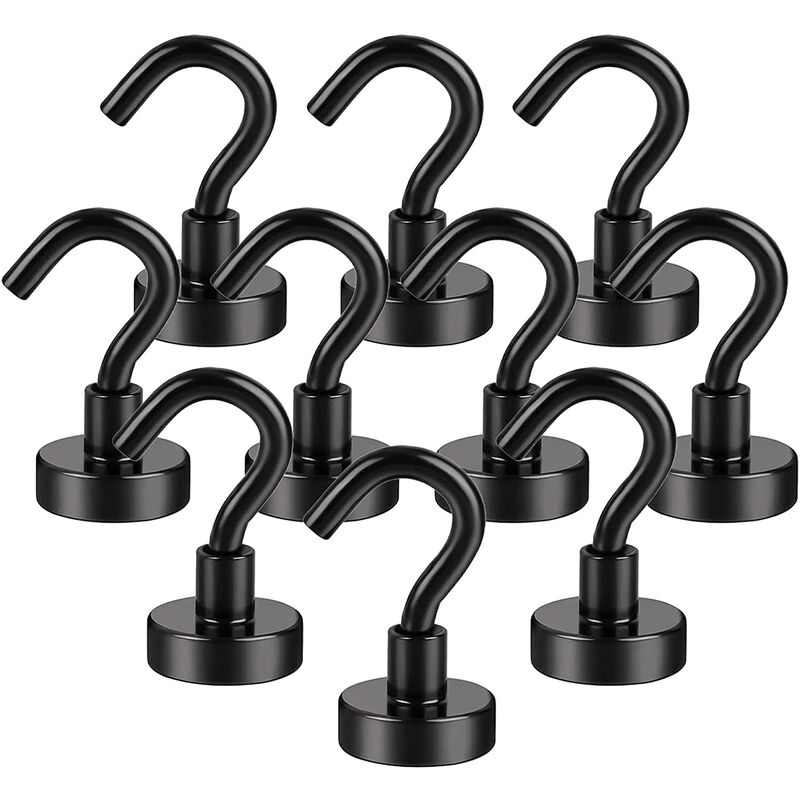 Magnetic Hooks, 10PCS Neodymium Magnet Hook, 16mm Strong Magnet Hook, Super Strong Magnets with Hooks for Kitchen Office Lockers Fridge Magnet (Black)
