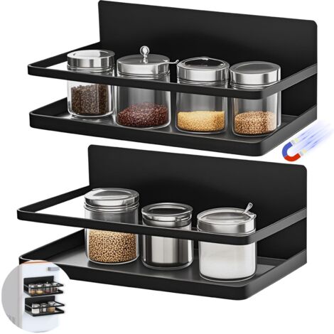 Magnétique Étagère de Réfrigérateur, Etagère Réfrigérateur, 2pcs Porte-Épices Pour La Cuisine Organiser Et Stocker Des Épices Verre Verre Bouteilles Boissons (Noir)