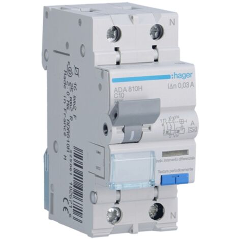 Magnetotérmico Diferencial Hager 1P+N 10A 4,5kA 30mA curva C Tipo A 2M ADA810H