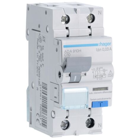 Magnetotérmico Diferencial Hager 1P+N 10A 6kA 30mA curva C Tipo A 2M ADA910H
