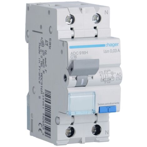 Magnetotérmico Diferencial Hager 1P+N 16A 6kA 30mA curva C tipo AC 2M ADC916H