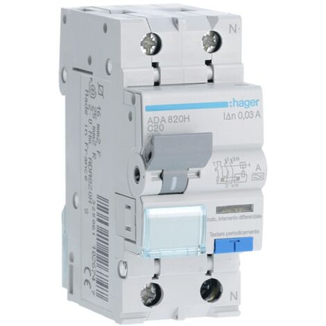 Magnetotérmico Diferencial Hager 1P+N 20A 4,5kA 30mA curva C Tipo A 2M ADA820H