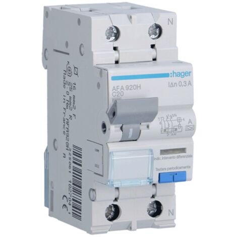 Magnetotérmico Diferencial Hager 1P+N 20A 6kA 300mA curva C Tipo A 2M AFA920H