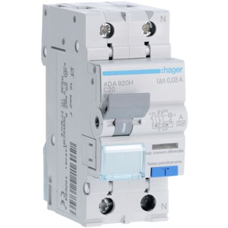 Magnetotérmico Diferencial Hager 1P+N 20A 6kA 30mA curva C Tipo A 2MADA920H