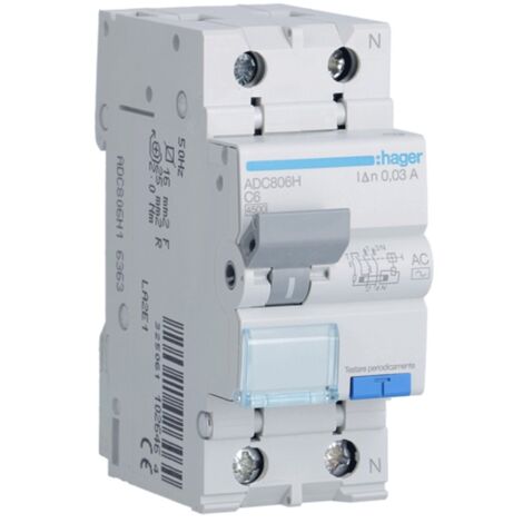 Magnetotérmico Diferencial Hager 1P+N 6A 4,5kA 30mA curva C Tipo AC 2M ADC806H