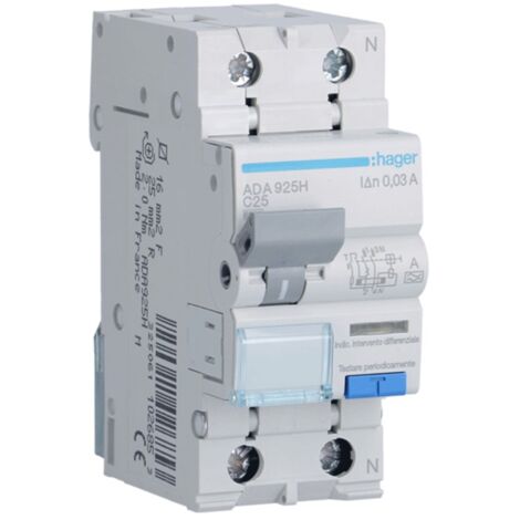 Magnetotermico Differenziale Hager 1P+N 25A 6kA 30mA curva C Tipo A 2M ADA925H
