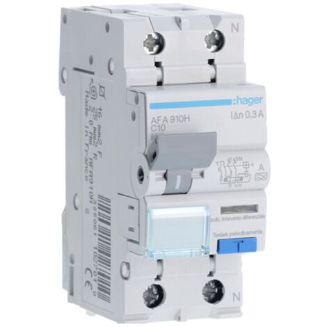 Magnétothermique Différentiel Hager 1P+N 10A 6kA 300mA courbe C Type A 2M AFA910H