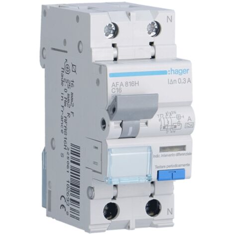 Magnétothermique Différentiel Hager 1P+N 16A 4.5kA 300mA courbe C Type A 2M AFA816H