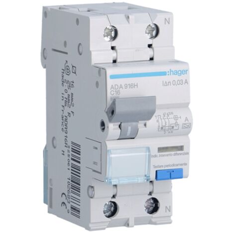 Magnétothermique Différentiel Hager 1P+N 16A 6kA 30mA courbe C Type A 2M ADA916H