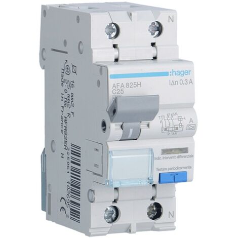 Magnétothermique Différentiel Hager 1P+N 25A 4.5kA 300mA courbe C Type A 2M AFA825H