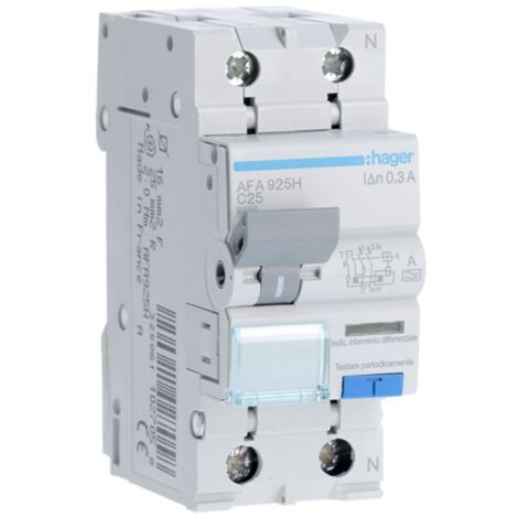 Magnétothermique Différentiel Hager 1P+N 25A 6kA 300mA courbe C Type A 2M AFA925H